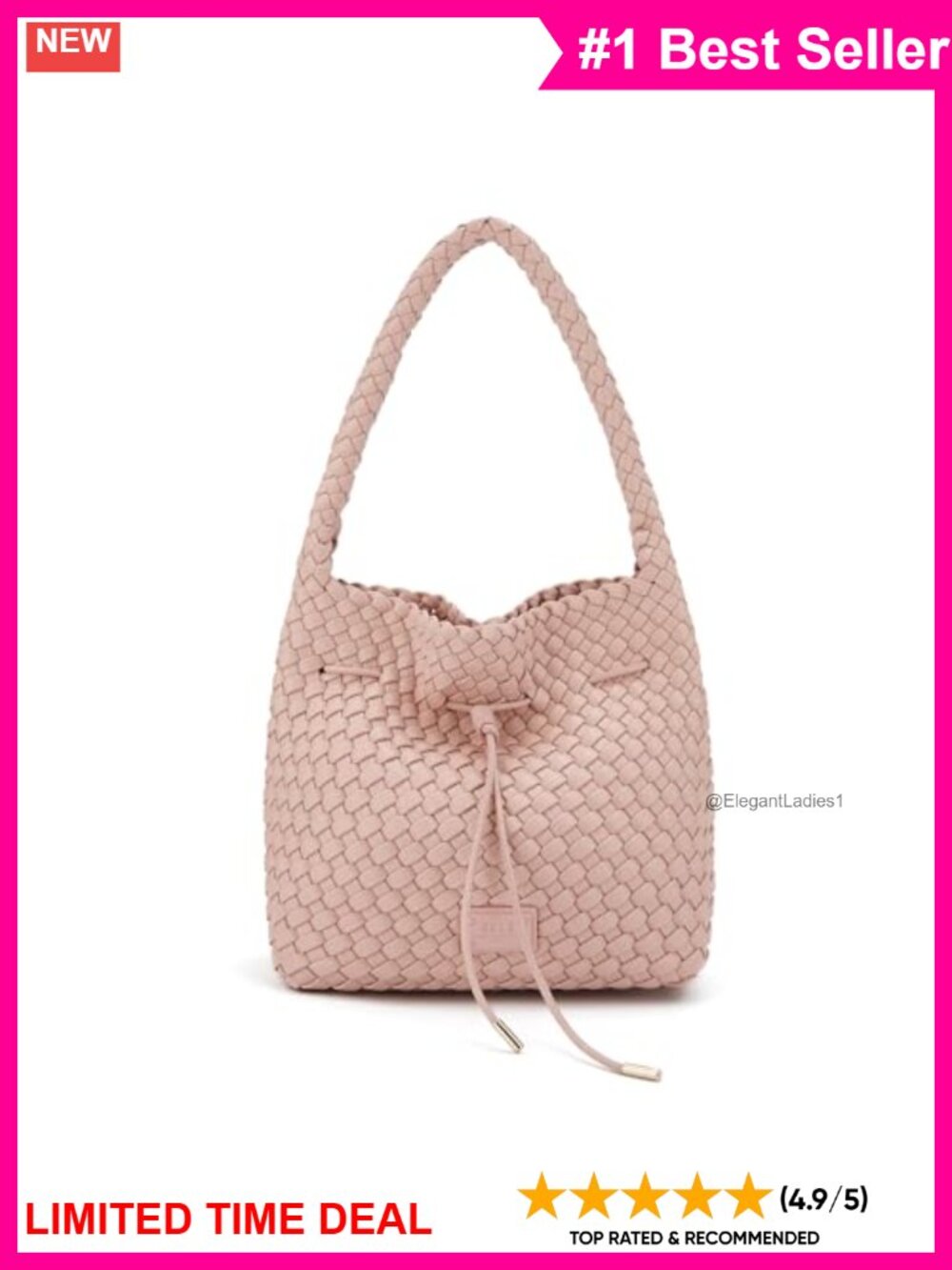 Handwoven Vegan Leather Bucket Shoulder Bag Drawstring